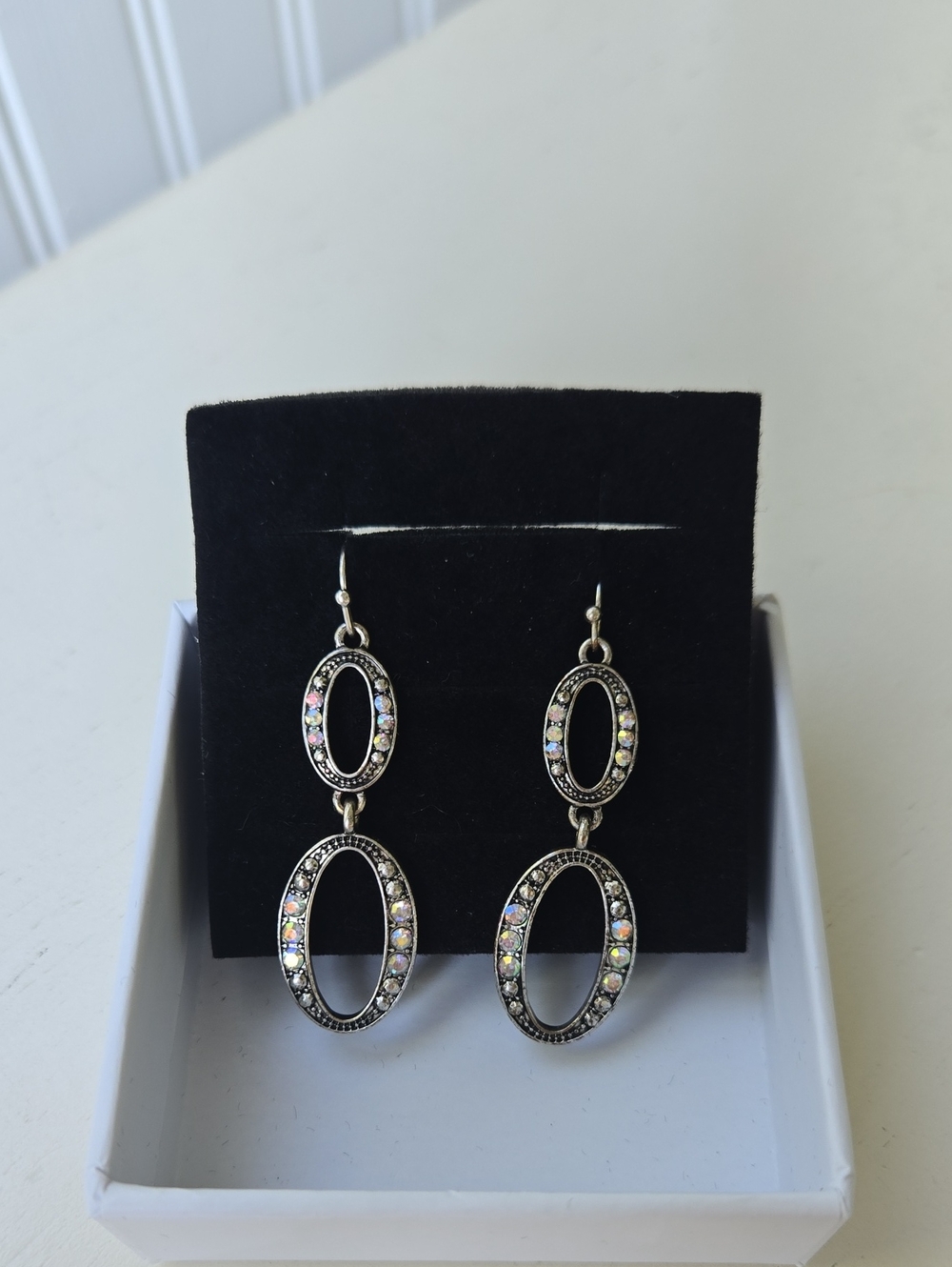 Silver-Tone Oval Drop Earrings with Iridescent Stones